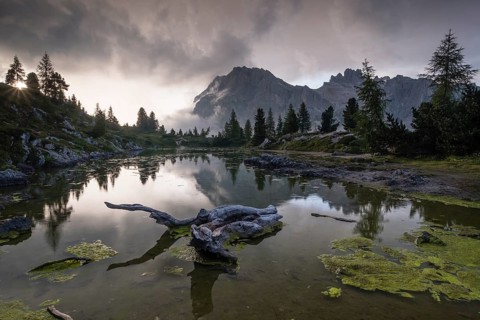 Evening atmosphere at Lake Lago de Limides and Tofana di Rozes