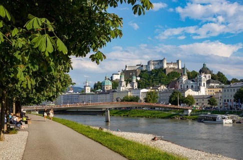 View over the Salzach river from Elisabethkai to the old town and the fortress Hohensalzburg