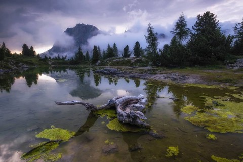 Evening atmosphere at Lake Lago de Limides and Tofana di Rozes