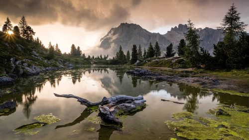 Evening atmosphere at Lake Lago de Limides and Tofana di Rozes