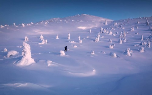 Exploring real winter wonderland. Mount Kandalaksha. Arctic region. Murmansk