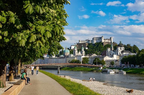 View over the Salzach river from Elisabethkai to the old town and the fortress Hohensalzburg