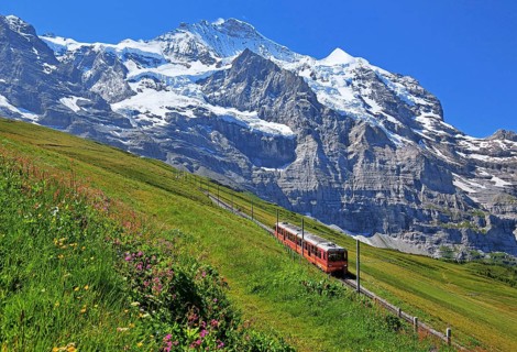 Jungfrau Railway at Kleine Scheidegg in front of the Jungfrau-Massif