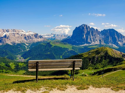 Lookout bench at the top of the Seceda with views of the Sella Group