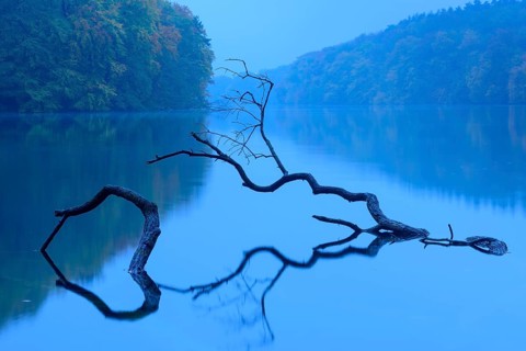View of the lake Schmaler Luzin in the Feldberger Seenlandschaft in autumn at the blue hour