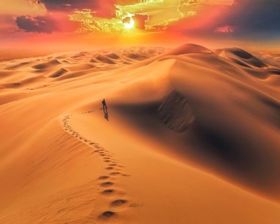 Amazing sunrise in Gobi desert. Khongor sand dunes