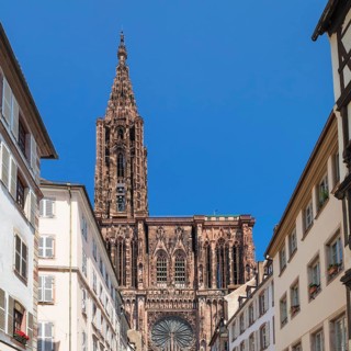 View from the Rue Merciere to the west facade of the Strasbourg Cathedral