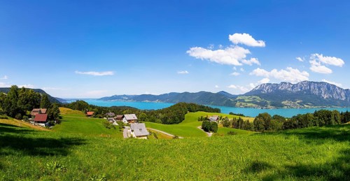 Panoramic view over the Attersee with Hoellengebirge