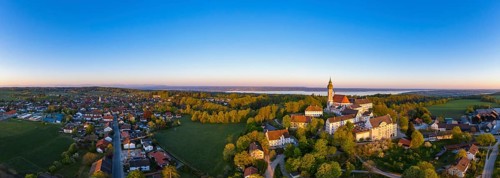 Panorama of the monastery Andechs and village Erling in the morning light
