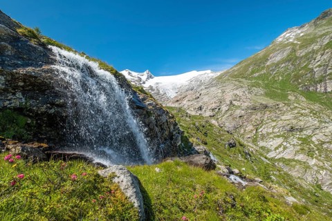 Mountain landscape with glacier Schlatenkees and waterfall