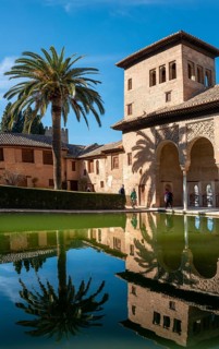 Historic building El Partal with pool and palm trees
