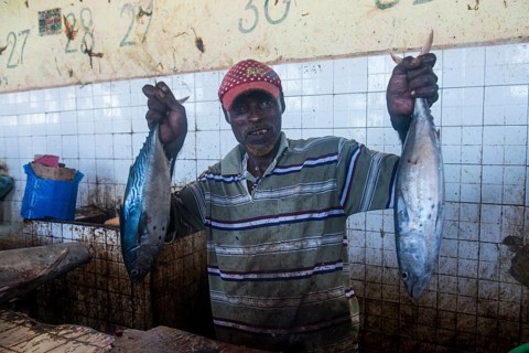 Somali man offering his fish in the Fishmarket