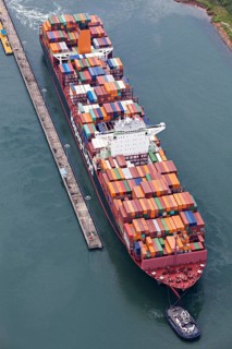 A Neo-Panamax container ship heading to the Atlantic side in Panama Canal