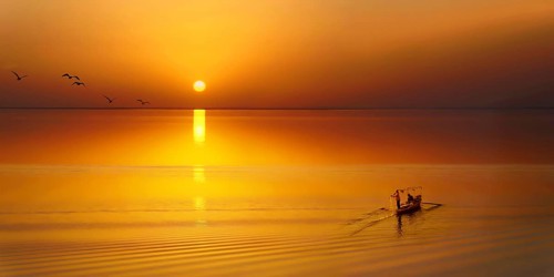 Fishing boat with seagulls at sunset