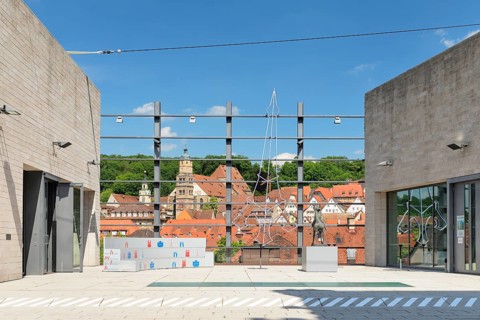 View from Kunsthalle Wuerth to the old town with St. Michael's Church