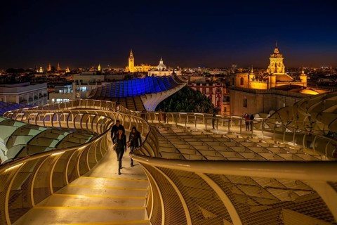 View over Sevilla from Metropol Parasol at night