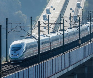 ICE train of Deutsche Bahn AG runs on the high speed line Cologne-Frankfurt