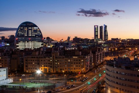 Skyline of the Las Tablas district at dusk