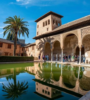 Historic building El Partal with pool and palm trees