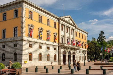 Town hall with waving flags