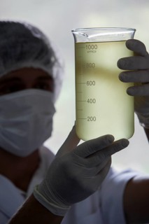 Employee measures rosemary oil at the cosmetics factory in Itupeva