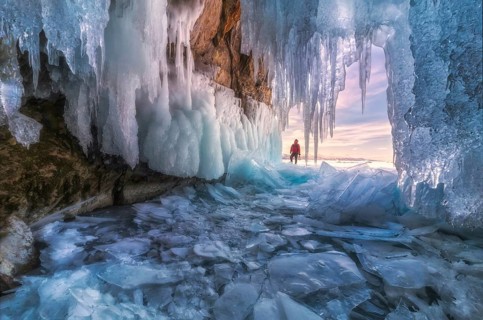 Beautiful little ice cavern in frozen Khuvsgul lake. Khuvsgul province
