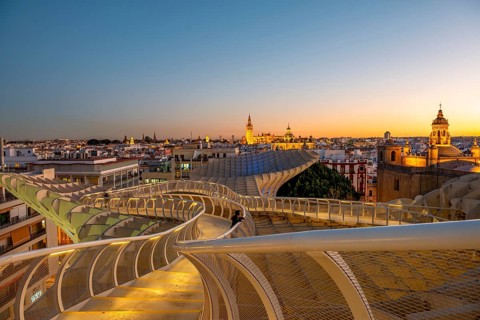 View over Sevilla from Metropol Parasol at sunset