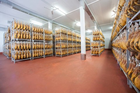 Storage room with raw ham