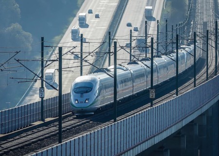 ICE train of Deutsche Bahn AG runs on the high speed line Cologne-Frankfurt