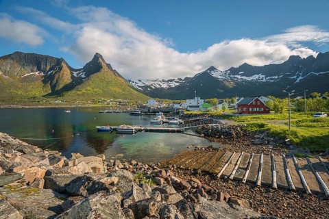 Boat ramp and fishing boats on the fjord in Mefjord