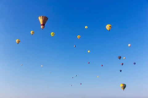 Various hot air balloons in front of a blue sky