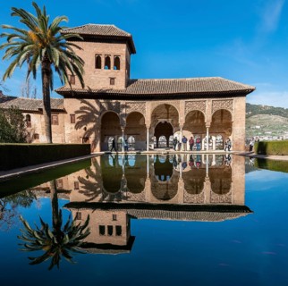 Historic building El Partal with pool and palm trees