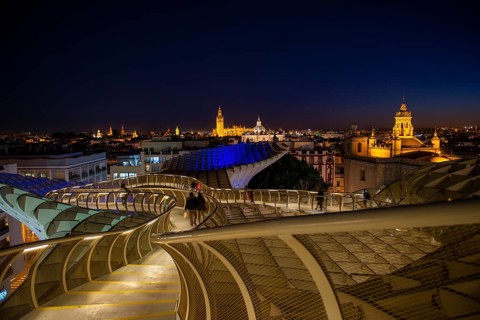 View over Sevilla from Metropol Parasol at night