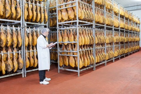 Employee checks raw ham in the drying room