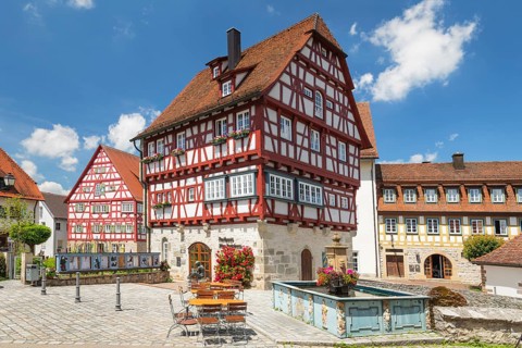 Town hall and market fountain at the market place