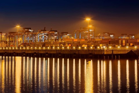 Illuminated container port Burchardkai at night