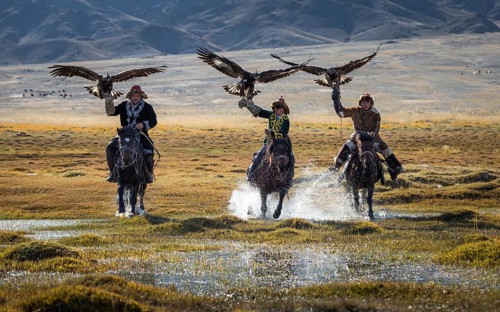 Young eagle hunters. Bayan-Ulgii province