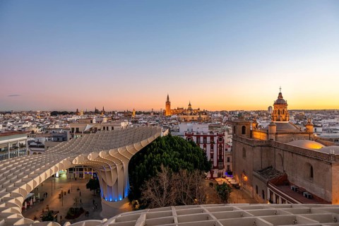 View over Sevilla from Metropol Parasol at sunset