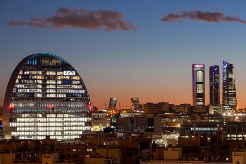 Skyline of the Las Tablas district at dusk