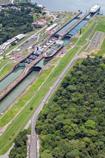 Gas and fuel tanker ships cross Gatun lock from the Pacific side