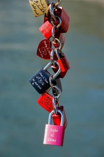Love castles on the railing of the pedestrian bridge Eiserner Steg