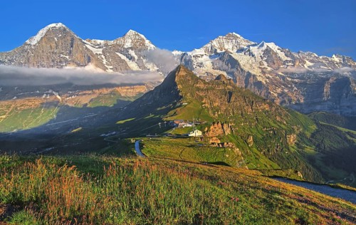 Mountain meadow on the Maennlichen with the triumvirate of the Eiger