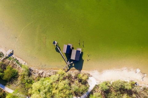 Boathouses in the Lake Ammer from above