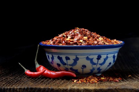 Chili flakes in shell and chilli peppers
