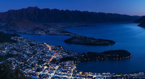 View over Queenstown and Lake Wakatipu to the Remarkables