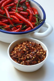 Chili flakes in shell and chilli peppers