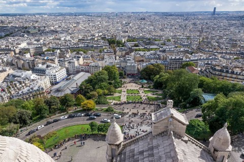 City view of Paris from the Basilica Sacre-Coeur and Louise-Michel-Square