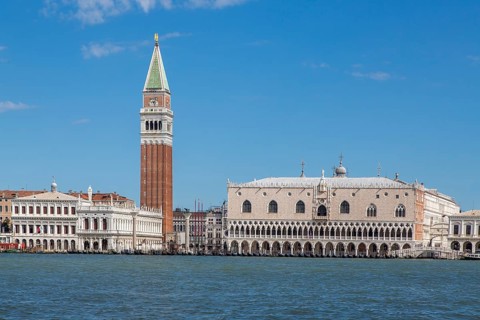 View over Bacino di San Marco to Venice with Campanile di San Marco and Doge's Palace