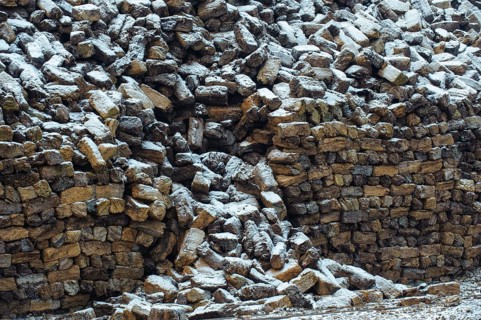Peat sods in winter with snow