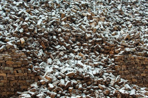 Peat sods in winter with snow